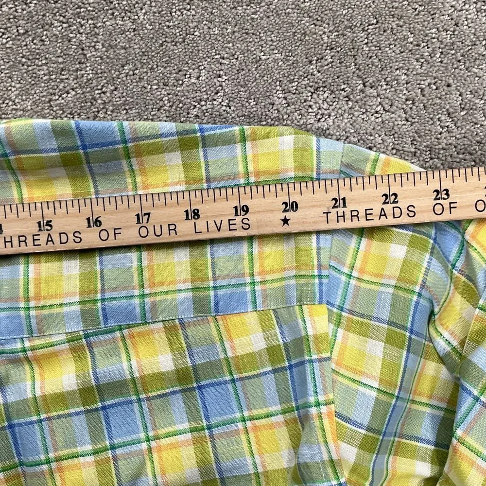 Jos A Banks Shirt‎ Men Large Yellow Green Blue Madras Plaid Linen Classic